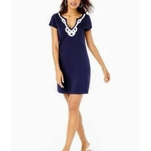Lilly Pulitzer Brewster T-Shirt Dress Medium Navy White Applique Preppy Coastal